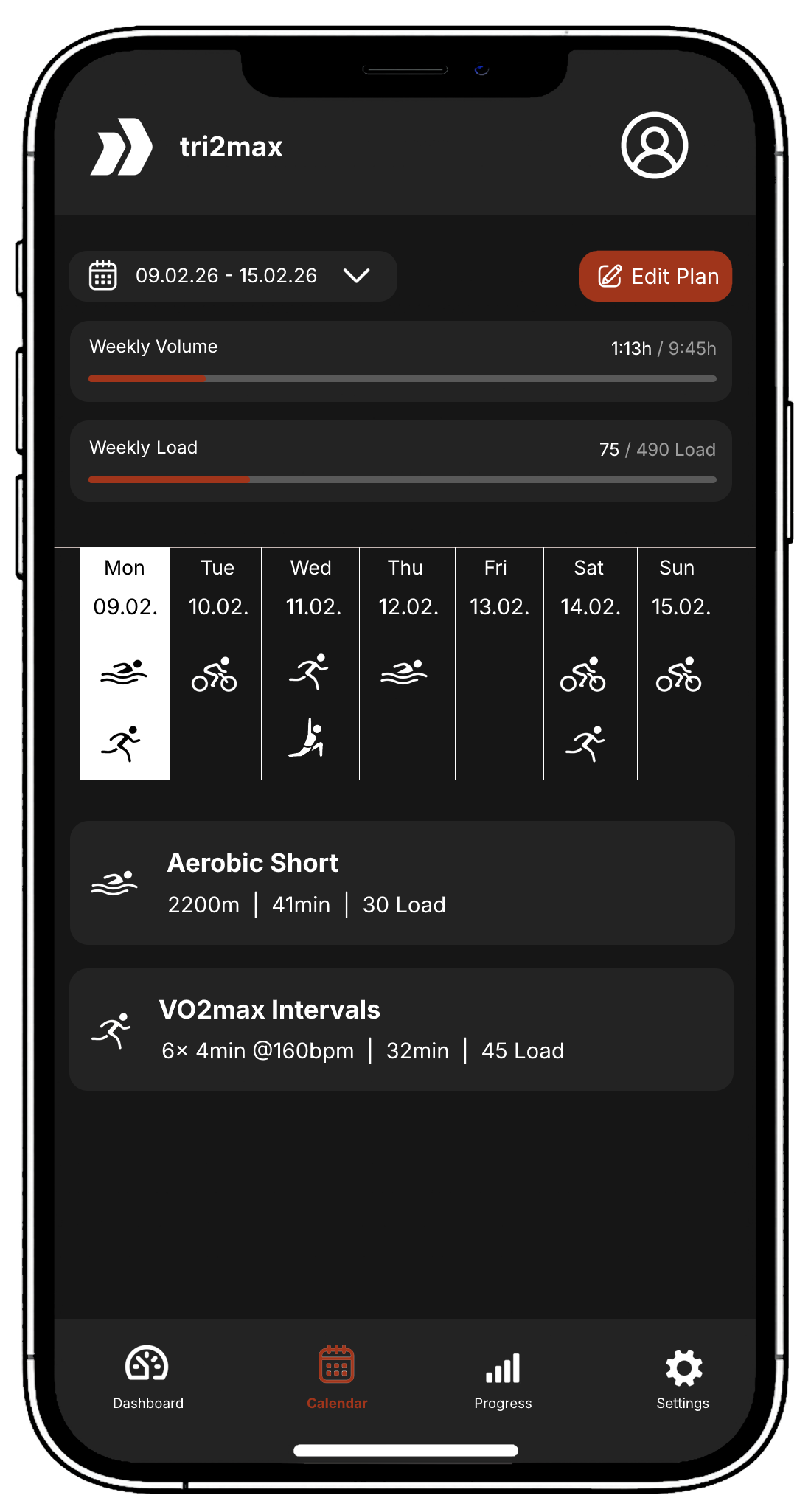 tri2max mobile app screenshot showing adaptive training week